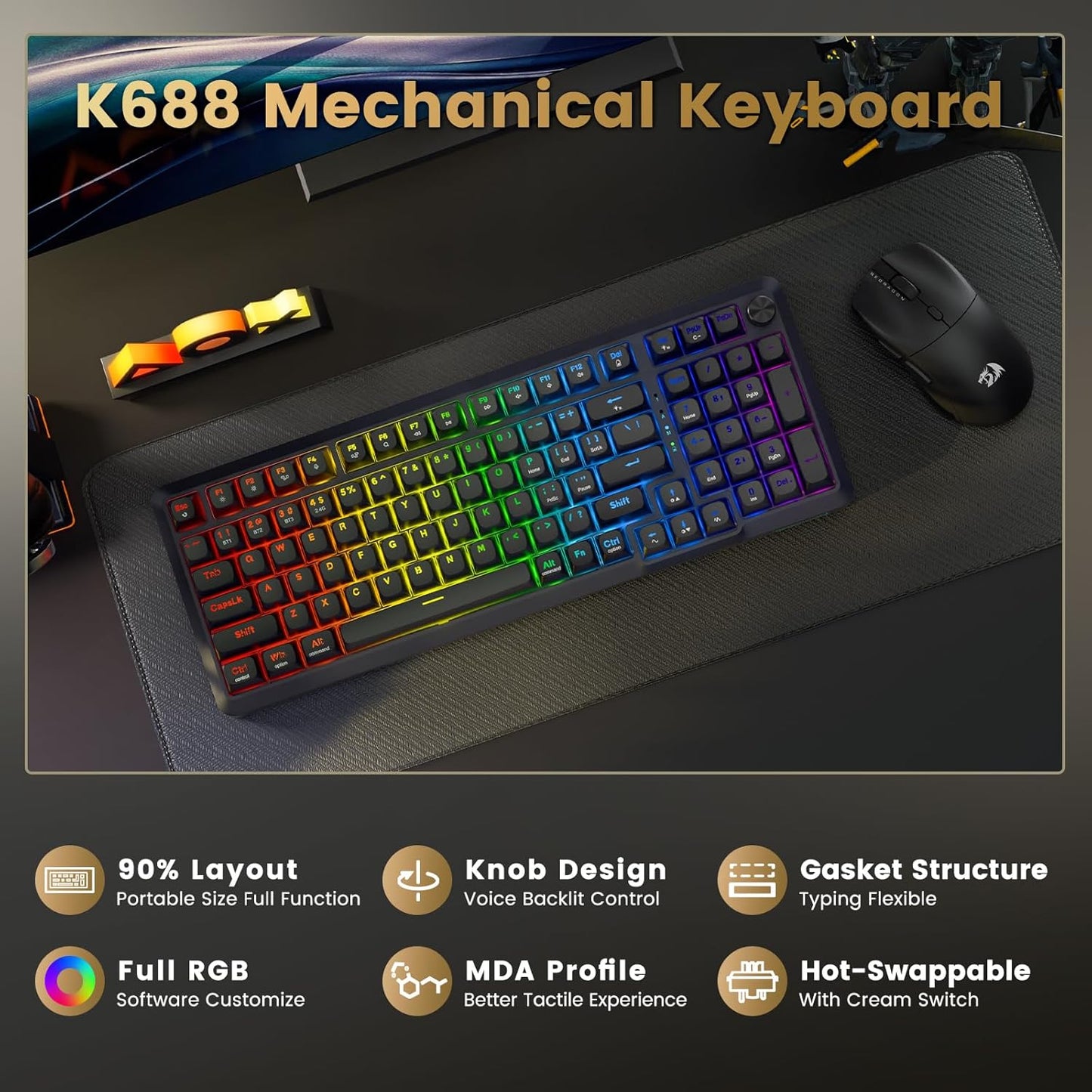 Wireless Mechanical Keyboard, 3 Mode Gasket Mounted RGB Gaming Keyboard with Volume Knob, Pre-Lubed Linear Switches, Mda-Profile, 98 Keys Hot Swappable Creamy Keyboard for Pc/Tablet/Xbox/Ps4