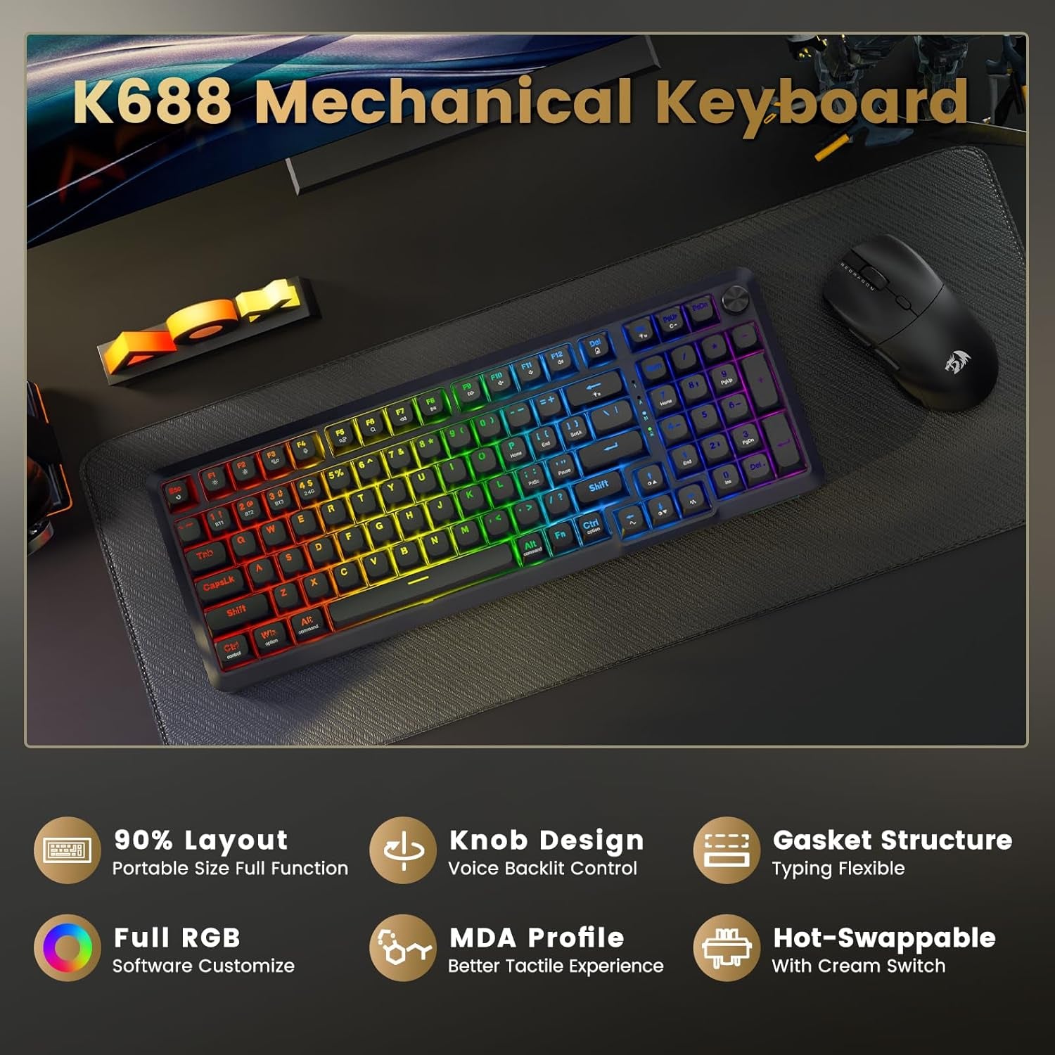 Wireless Mechanical Keyboard, 3 Mode Gasket Mounted RGB Gaming Keyboard with Volume Knob, Pre-Lubed Linear Switches, Mda-Profile, 98 Keys Hot Swappable Creamy Keyboard for Pc/Tablet/Xbox/Ps4