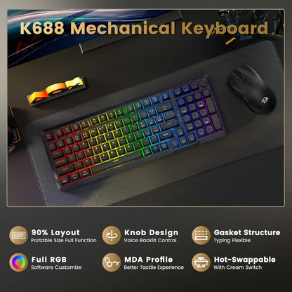 Wireless Mechanical Keyboard, 3 Mode Gasket Mounted RGB Gaming Keyboard with Volume Knob, Pre-Lubed Linear Switches, Mda-Profile, 98 Keys Hot Swappable Creamy Keyboard for Pc/Tablet/Xbox/Ps4